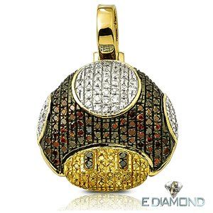 10 Karat Solid Gold 1.00 Carat Diamond Mushroom Pendant  Mario Brother Cartoon